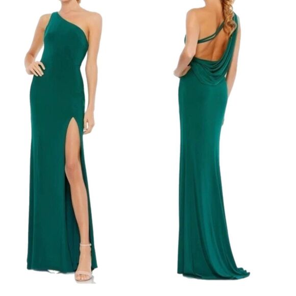 NWT Ieena for Mac Duggal One Shoulder Draped Back Gown in emerald green (Style # - Picture 1 of 14